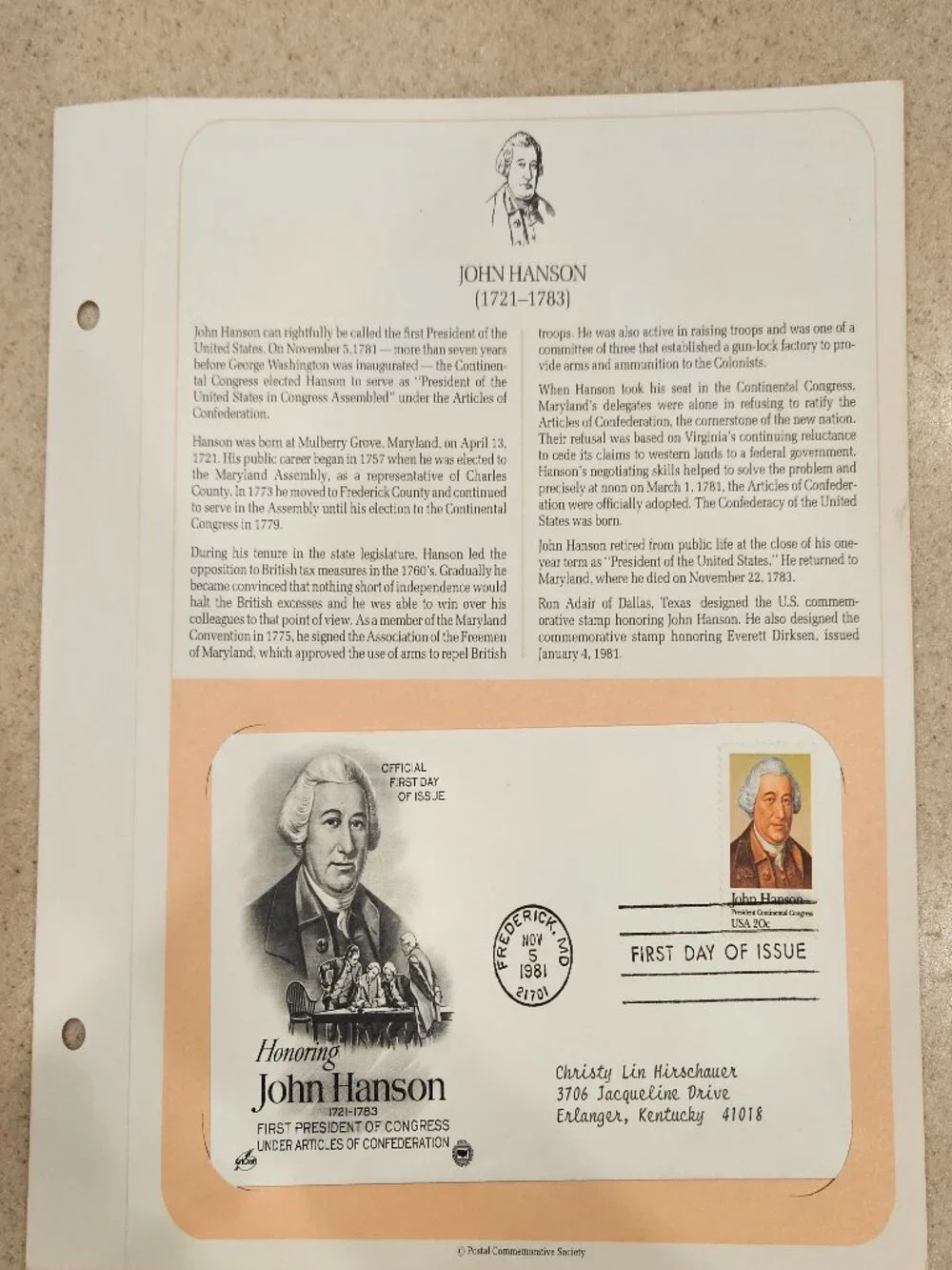 RARE COLLECTIBLE USPS 1ST DAY ISSUE COVER JOHN HANSON CONGRESS STAMP ENVELOPE